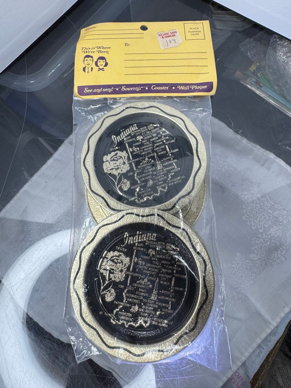 Vintage Metal Indiana State Map Coaster Souvenir Set of 4 NIB